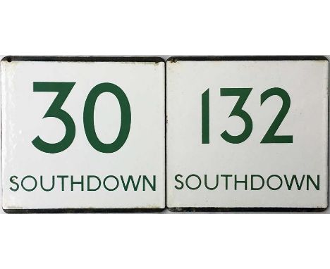A pair of London Transport bus stop enamel E-PLATES for Southdown services 30 and 132 with the operator's name and the usual 