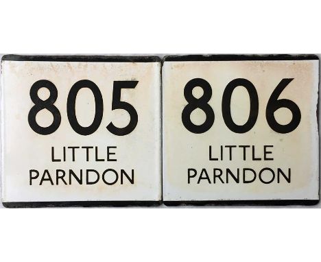 A pair of London Transport bus stop enamel E-PLATES for routes 805 and 806, both destinated Little Parndon. These were almost