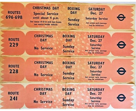 1952 London Transport BUS WINDOW SLIP POSTERS for Christmas period services on trolleybus routes 696/698 and bus routes 228, 