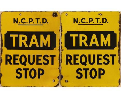 Double-sided enamel TRAM STOP FLAG 'N.C.P.T.D. Tram Request Stop', believed to be from Newcastle. Measures 12" x 15" (31cm x 