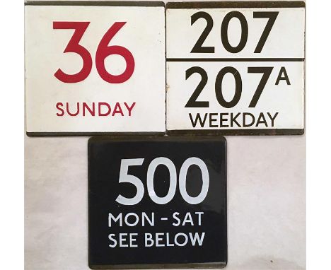 Selection of London Transport bus stop enamel E-PLATES for routes 36 Sunday (red digits), 207/207A and 500 Mon-Sat, See Below