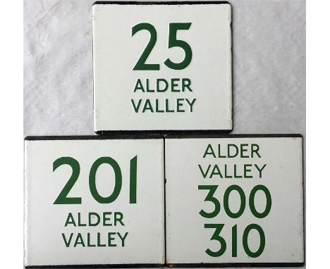 A selection of London Transport bus stop enamel E-PLATES for Alder Valley routes 25, 201 and 300/310 with the operator's name