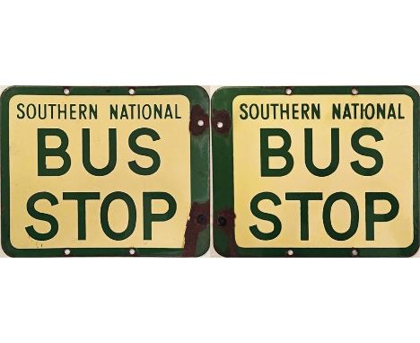 Southern National enamel BUS STOP FLAG. A 1950s/60s double-sided sign in cream and green enamel. Measures 12.5" x 10.5" (32cm