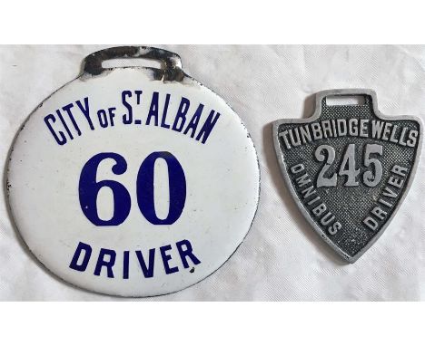 Pre-1935 bus driver's LICENCE BADGES from City of St Alban, no 60, enamel, single-sided and from Tunbridge Wells, Omnibus Dri