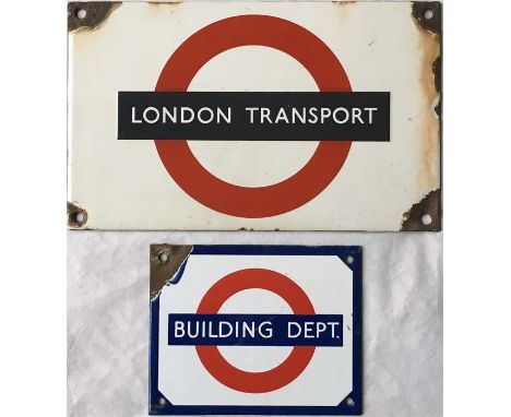 London Transport ENAMEL SIGNS comprising 'London Transport' (7.5" x 4.5"/19cm x 11cm) from a 1950s/60s time-recording clock u