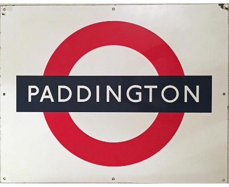 London Underground enamel PLATFORM SIGN (track-side) from Paddington station. A 'bullseye' sign, c1950s/60s, measuring 28" x 