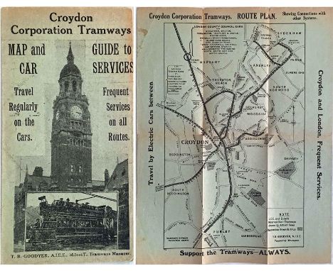 Croydon Corporation Tramways MAP AND GUIDE TO CAR SERVICES dated October 1920. Printed on light-green paper with a cover pict