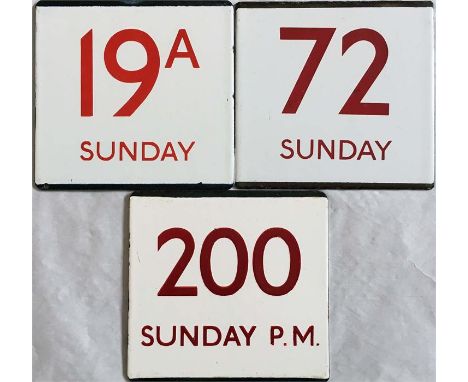 Selection of London Transport bus stop enamel E-PLATES for routes 19A Sunday, 72 Sunday & 200 Sunday PM, all in red on white 