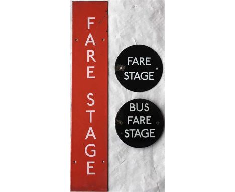 London Transport enamel bus stop FARE STAGE PLATES comprising 2 x circular 1960s style (1 says 'Bus Fare Stage') and the othe