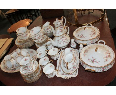 A Paragon Victoriana rose china part tea, coffee and dinner service, including a pair of circular tureens and covers, seven d