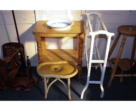 A small strip pine washstand with basin and drawer, together with a painted towel rail and a bidet (no liner)