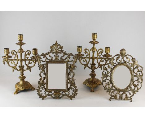 A pair of 19th century gilt metal three-light candelabra, 33cm high, together with three gilt metal framed small easel mirror