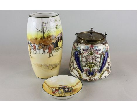 A Royal Doulton Dickens Ware vase decorated with a coach and horses, a matching small dish (a/f) and a glazed ceramic biscuit