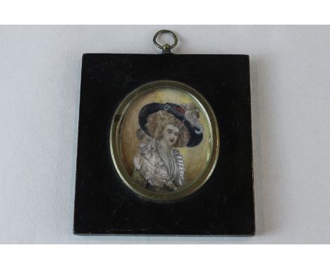 A 19th century oval miniature on ivory,  half portrait of a young lady in plume hat, 7cm by 6cm