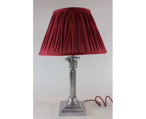 A chrome plated Corinthian column table lamp on square stepped base, height 36cm