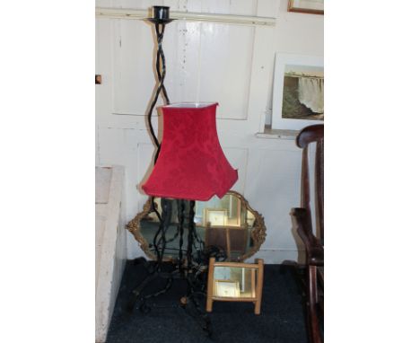 A wrought iron candle light, a wrought iron table lamp, a gilt mirror and a table mirror