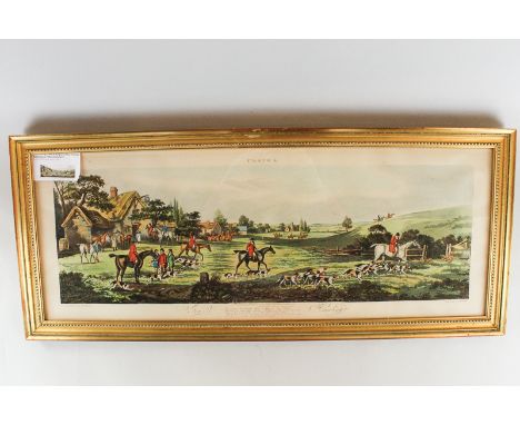After D Wolstenholme, fox hunting, coloured print published by R Ackermann, engraved by Sutherland, in gilt frame with annota