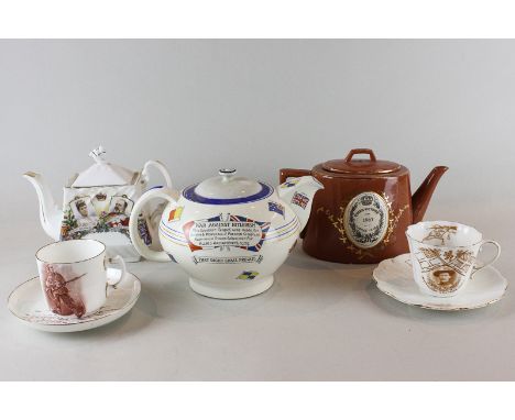 A Crown Ducal ware teapot decorated with flags bearing a message "War against Hitlerism" (lid af), a Queen Victoria Jubilee y