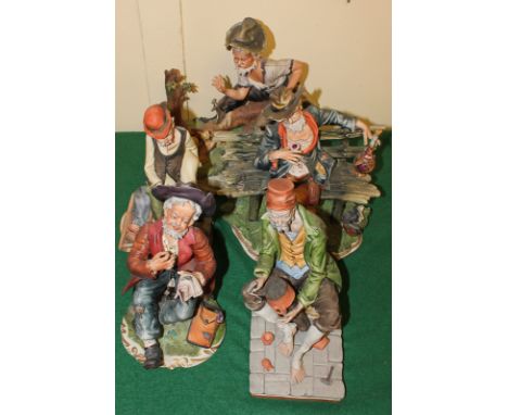 Capodimonte, five porcelain figures, woodcutter, drunkard on a bench, pipe player, potter and a man sewing