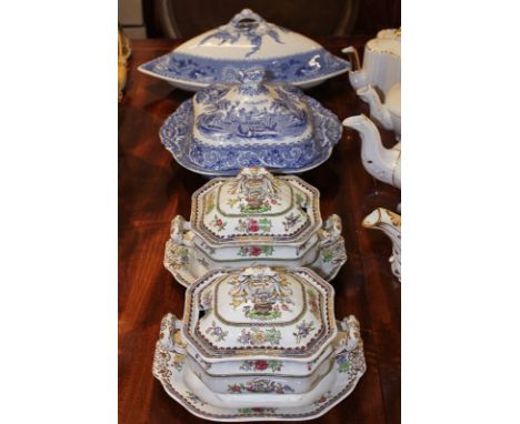 A pair of Copelands late Spode Old Bow pattern sauce tureens with covers and attached stands (exclusive to Harrods), together