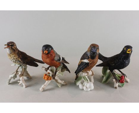Goebel, four matt porcelain models of garden birds, hawfinch, bullfinch, blackbird and a song thrush