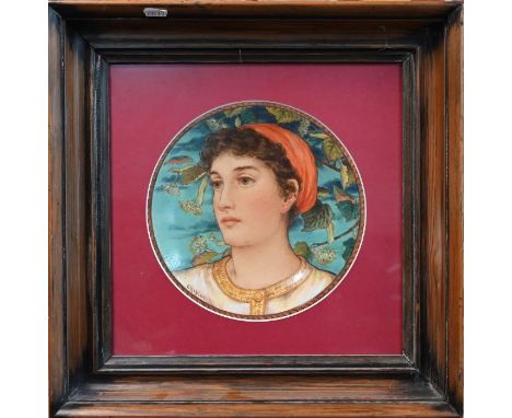 A Victorian Minton ceramic plate, Kensington Gore School, painted with portrait of a young lady, label on reverse inscribed '