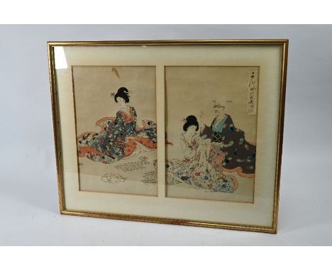 Chikanobu Yoshu (Japanese 1838-1912) 'Playing Cards' two vertical oban woodblock prints, Meiji period, centre and right image