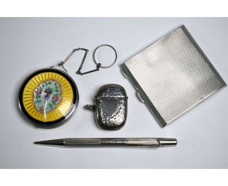 A US sterling powder compact with enamelled cover, Foster &amp; Bailey, Providence RI, with finger-ring, to/w an engine-turne