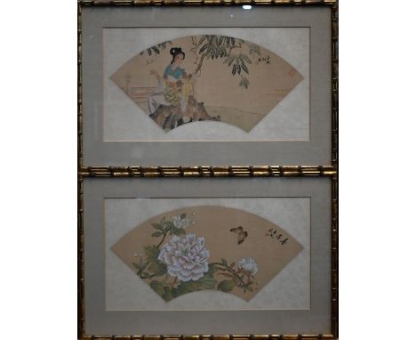 Two Japanese fan-shaped watercolour paintings on silk, the first of an elegant lady in a garden landscape, the second depicti