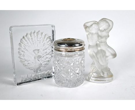 A small Lalique glass group 'Le Faune', 14 cm high, script engraved 'Lalique France' and with paper 'Cristal Lalique Paris' l