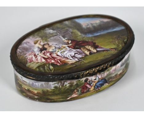 A 19th century Continental enamel snuff box, finely painted to the cover and sides with 18th century courtship scenes in Arca