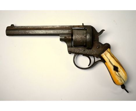 A 19th century rimfire revolver with 15.5 cm octagonal barrel and foliate-chased stock and drum, with two-piece ivory grip, m