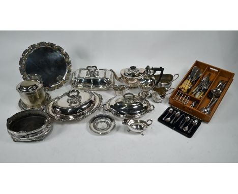 Various electroplated wares including an epns half-reeded three piece tea service with similar hot water jug, silver-mounted 