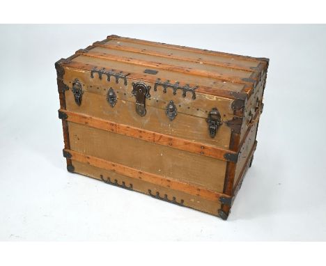 W.W. Winship, Boston, USA, a vintage wood, canvas, leather and steel bound steamer trunk, 92 cm x 56 cm x 65 cm h