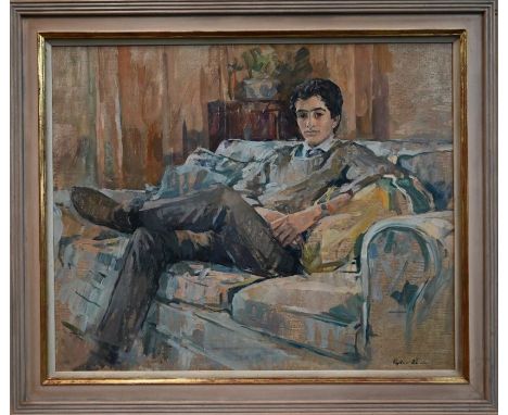 Susan Ryder (b 1944) - Portrait of a young man seated on a sofa, oil on canvas, signed lower right and dated '86 lower right,