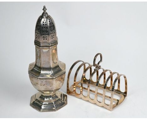 An octagonal silver baluster sugar caster, Viners, Sheffield 1933, 21 cm to/w a toast rack, Harrison Brothers &amp; Howson, S