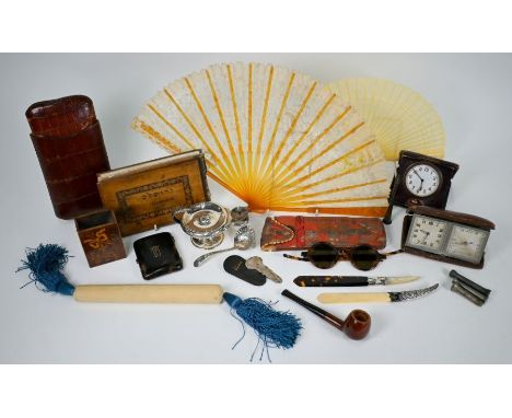 A mixed box of collectables including silver 'Aladdin's lamp' table lighter, Birmingham 1921, two page-turners, one ivory wit