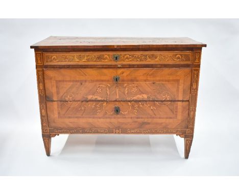 An 18th century North Italian marquetry kingwood commode, with three long drawers, with floral and foliate swag desoration, r