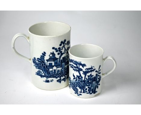 A First Period Worcester blue and white mug, printed with Chinese fence and trees, 12.5 cm to/w a somewhat similar 9 cm mug, 
