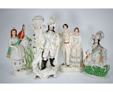 Four large Staffordshire pottery flatback groups - William Tell (spill vase), 46 cm, Princess Royal and Frederick of Prussia,