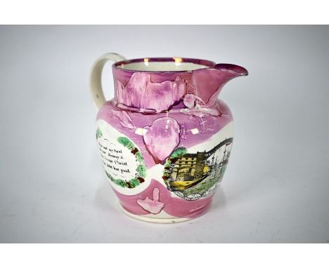 An early 19th century Sunderland lustre pottery jug, printed with the Iron Bridge flanked by spiritual verses, 19 cm highWear