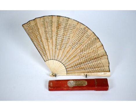 A scarce George III bone fan, the paper leaf printed with manuscript dance-instructions, in contemporary cardboard box with l