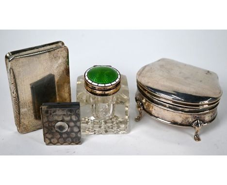 A Continental .800 grade snuff box, 7.5 cm wide to/w a silver ring-box, Birmingham 1904, a silver match-holder Chester 1903 a