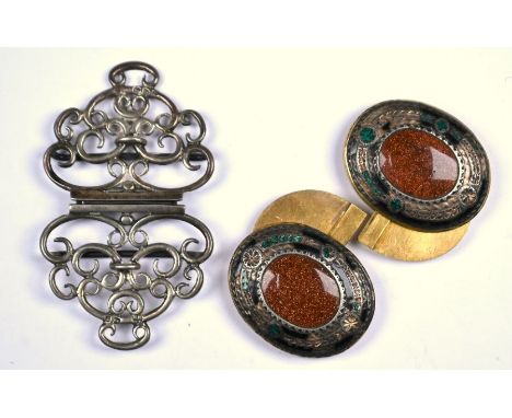 A pair of oval gilt metal set buckles/dress clips, with central inset oval goldstone surrounded by black and green enamel bor