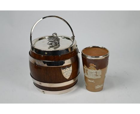 A Victorian coopered oak ice-bucket with electroplated mounts and ceramic liner, cast swan finial and loop handle, engraved '