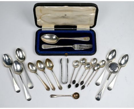 A Victorian silver thread sugar sifter ladle, Chawner &amp; Co, London 1877 to/w a cased Christening spoon and fork a/f, Shef