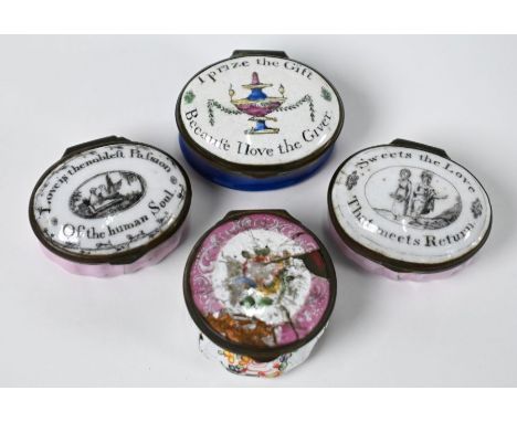 Three Georgian enamel 'Valentine' patch boxes with inscribed lids - 'I prize the Gift Because I love the Giver', 'Sweets the 