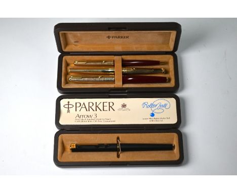 Parker pens - rolled gold 50 Falcon, boxed 65 red and rolled gold fountain pen and pencil set, to/w a boxed Arrow 3 Rollerbal