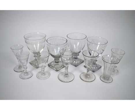 Four various Regency rummers - three with wheel-cut decoration - on square 'lemon squeezer' bases 13 - 14 cm high, to/w seven