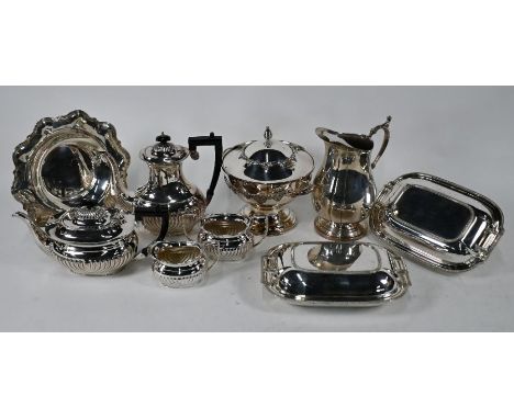 An epns half-reeded four-piece tea/coffee service and a stemmed punch bowl and cover, pair of entrée dishes and covers, punch